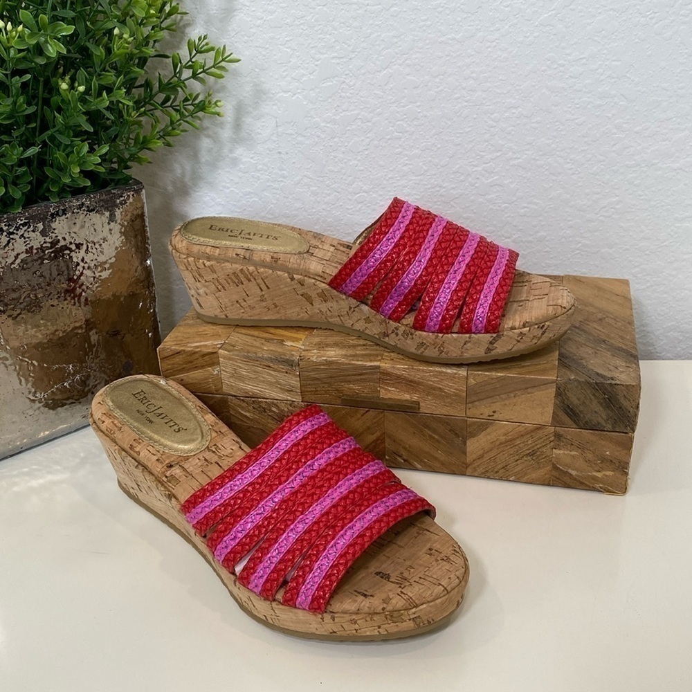 Eric Javits Wedge Sandals Women Red Pink Braided Cork Slide Platform Coastal 8US